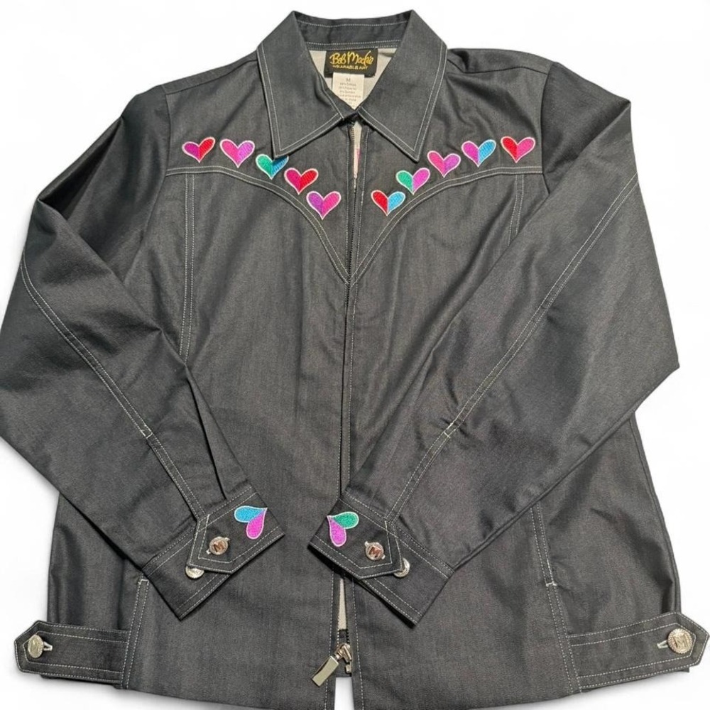 🎨‎ Bob Mackie Wearable Art Denim Jacket – Multicolor Heart Embroidery (M)